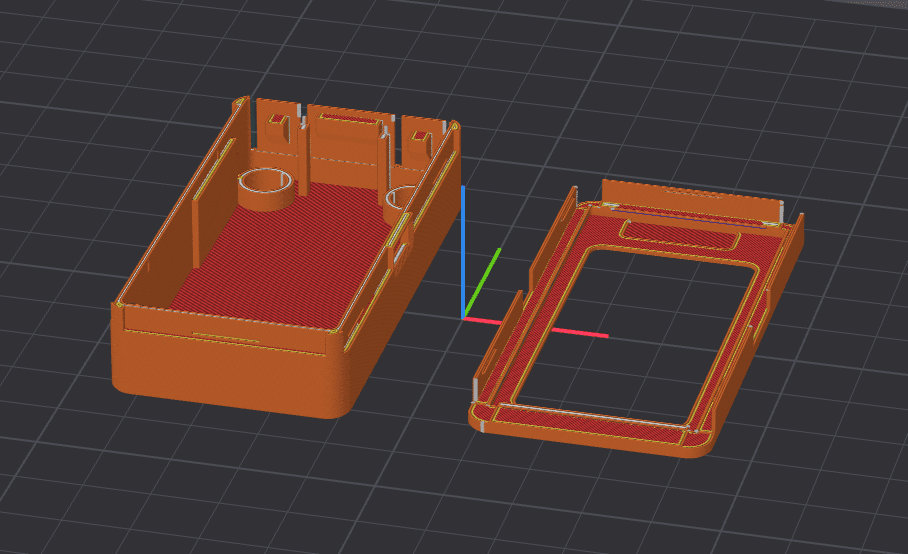 angled render of the case base and bezel, sliced for printing